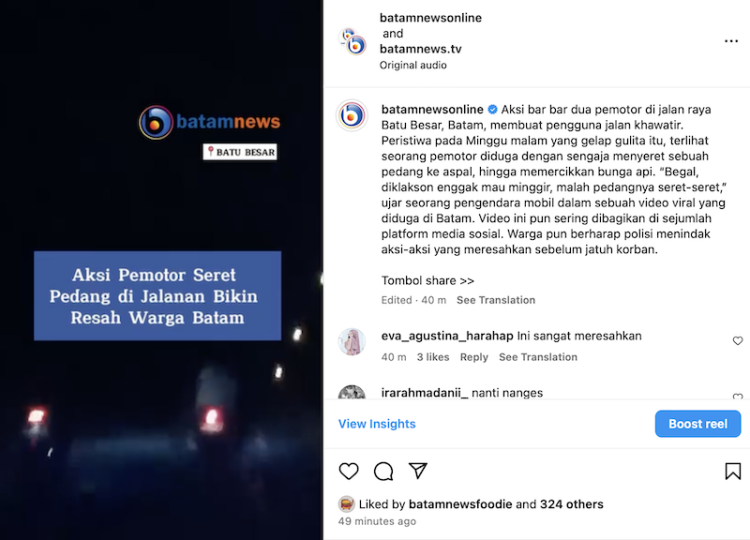Aksi Barbar Dua Pemotor di Batu Besar, Batam Membuat Warga Khawatir