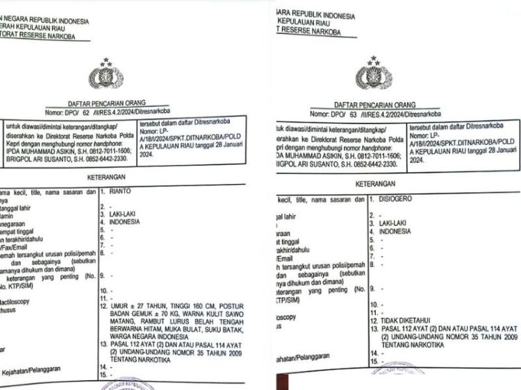 Ditresnarkoba Polda Kepri Umumkan DPO Terduga Komplotan Narkoba Tanjungpinang - Lombok, Masyarakat Diminta Berhati-hati