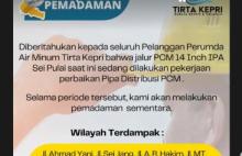 Gangguan Air Minum Tirta Kepri di Tanjungpinang, Sejumlah Daerah Terdampak