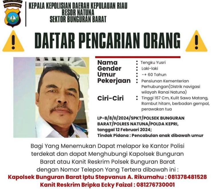 Polisi Buru TY, Bapak-bapak Tersangka Pencabulan Anak Bawah Umur di Natuna