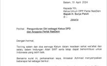 Isi Surat Pengunduran Diri Amsakar Achmad sebagai Ketua DPD NasDem Batam ke Surya Paloh