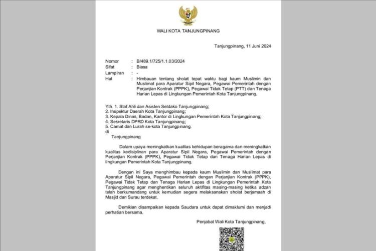 Pj Wako Tanjungpinang Terbitkan Surat Imbauan Tentang Jam Ibadah bagi ASN dan Tenaga Kerja