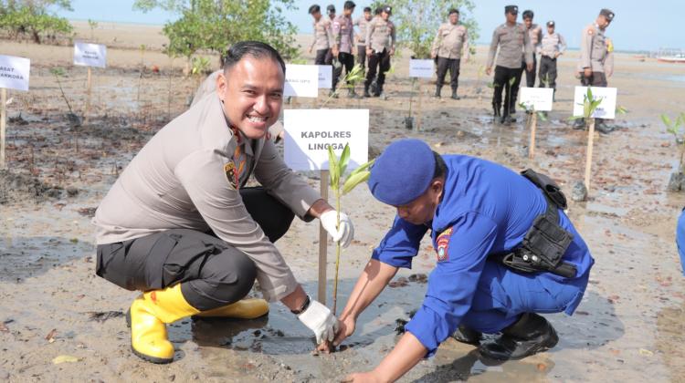 Hari Bhayangkara ke-78: Polres Lingga Gelar Aksi Penanaman Mangrove di Pasir Kuning