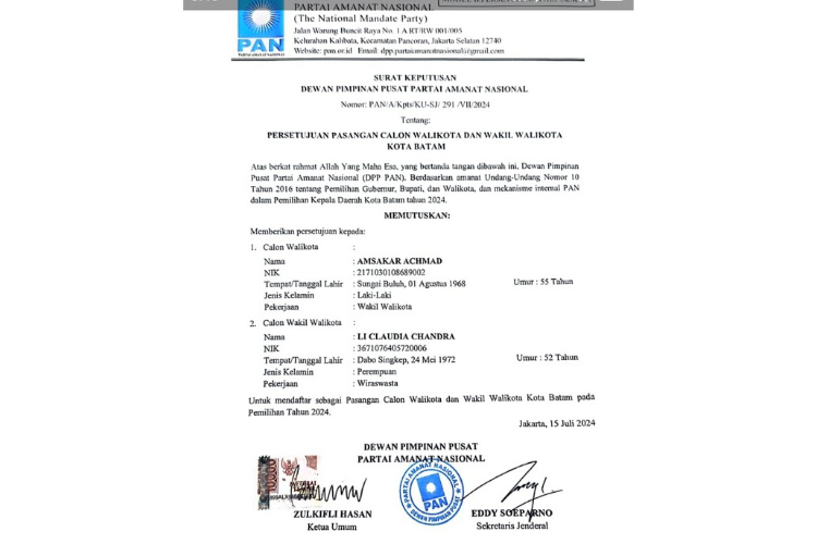 PAN Resmi Keluarkan SK Dukungan untuk Amsakar-Li Claudia di Pilwako 2024, Ketua PAN Batam: Bukan Rekomendasi Lagi