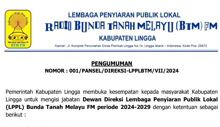 Lowongan Kerja Dewan Direksi LPPL Bunda Tanah Melayu FM di Lingga, Buruan Daftar!