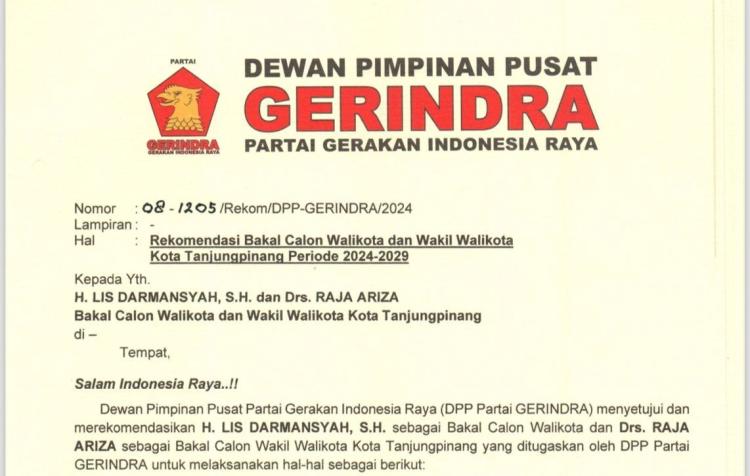 DPP Partai Gerindra Usung Kader PDI Perjuangan dalam Pilkada Tanjungpinang 2024