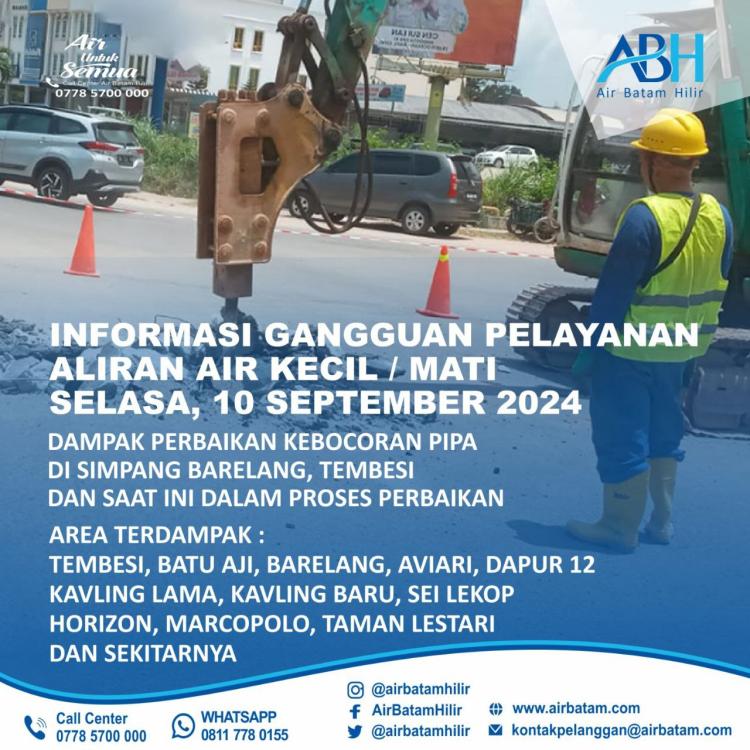 Pelanggan Air Batam Hilir: Pemberitahuan Gangguan Suplai Air di Sejumlah Wilayah Akibat Perbaikan Pipa