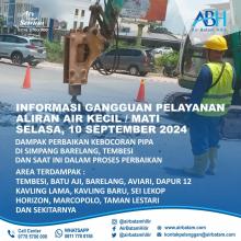 Pelanggan Air Batam Hilir: Pemberitahuan Gangguan Suplai Air di Sejumlah Wilayah Akibat Perbaikan Pipa