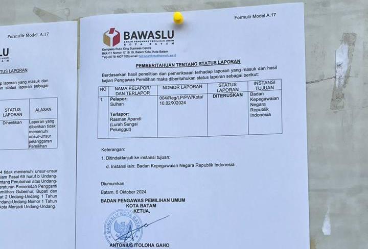 Bawaslu Batam: Lurah Sei Pelunggut Terbukti Langgar Netralitas ASN dalam Pilkada 2024