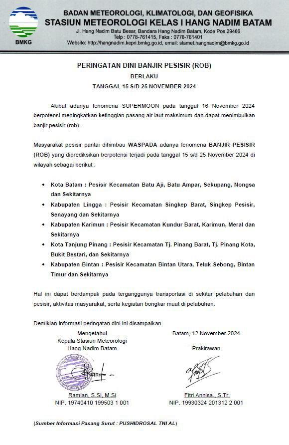 Waspada! BMKG Peringatkan Potensi Banjir Rob di Kepulauan Riau Akibat Supermoon 16 November 2024