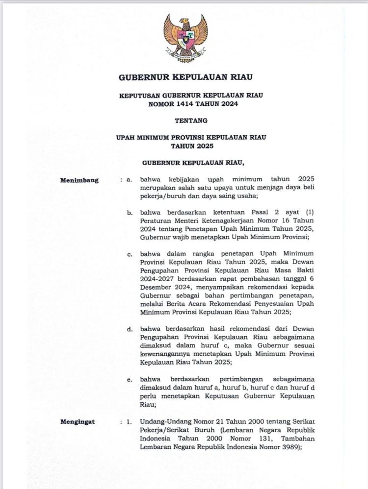 Gubernur Ansar Ahmad Tetapkan UMP Kepulauan Riau 2025 Naik 6,5% Jadi Rp3.623.624