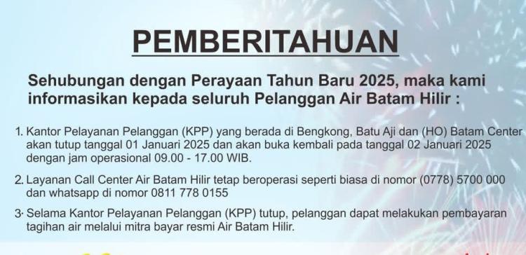 Air Batam Hilir Umumkan Penyesuaian Layanan Saat Tahun Baru 2025