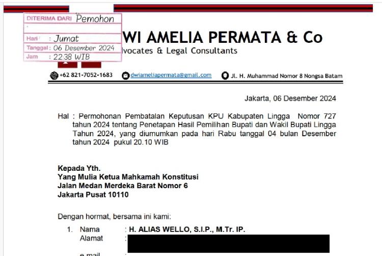 Tim Hukum Pasangan Alias Wello-Muhammad Ishak Lanjutkan Sengketa Pilkada Lingga di Mahkamah Konstitusi