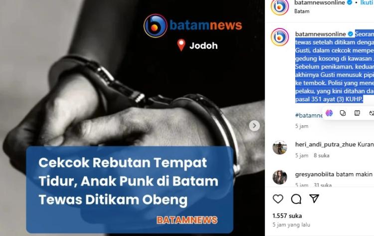 Anak Punk Tewas Ditikam Teman dalam Rebutan Tempat Tidur di Batam