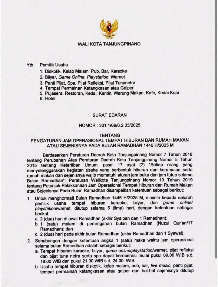 Aturan Baru Jam Operasional Tempat Hiburan Malam di Tanjungpinang Selama Ramadhan 2025