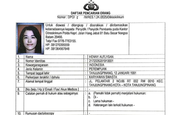 Polda Kepri Terbitkan DPO untuk Henny Alflysan, Tersangka Kasus Penggelapan di Batam