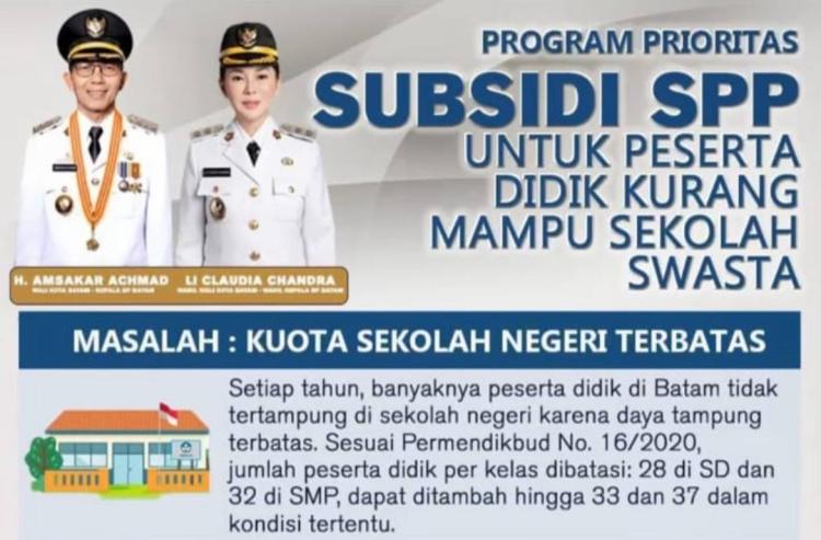 Pemko Batam Luncurkan Program Subsidi SPP untuk Siswa Masuk Sekolah Swasta