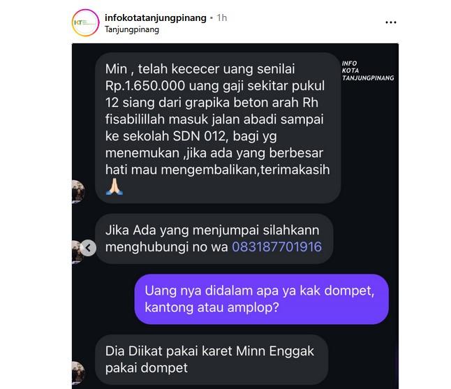 Viral! Perempuan di Tanjungpinang Kehilangan Uang Gaji Rp1,65 Juta,  Pemilik Harap Dikembalikan