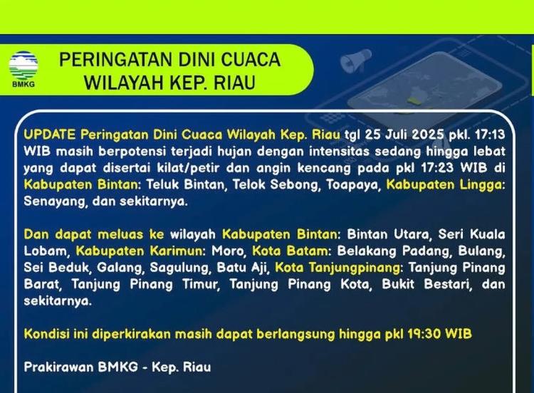 Peringatan Dini BMKG: Hujan Lebat & Petir Landa Tanjungpinang-Bintan Malam Ini 25 Juli 2025