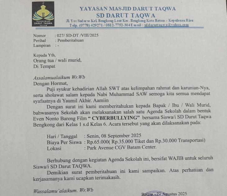 Wajib Bayar Rp65.000, Orang Tua Siswa SD Darut Taqwa Batam Dihebohkan Surat Nonton Film 