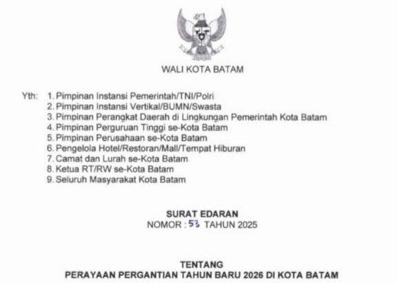Surat Edaran Wali Kota Batam: Dilarang Menyalakan Kembang Api Sambut 2026