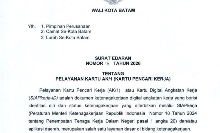 Mulai Maret, Pencari Kerja dengan KTP Luar Batam Tak Bisa Lagi Urus Kartu AK/1 di Disnaker