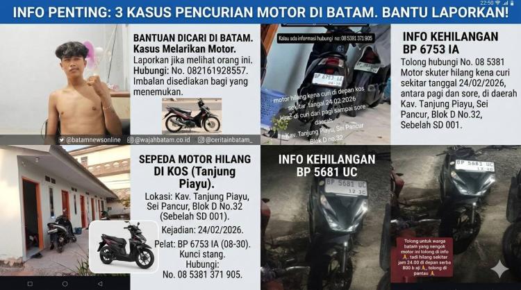 Tiga Motor Raib dalam Sehari, Aksi Curanmor Resahkan Warga Batam