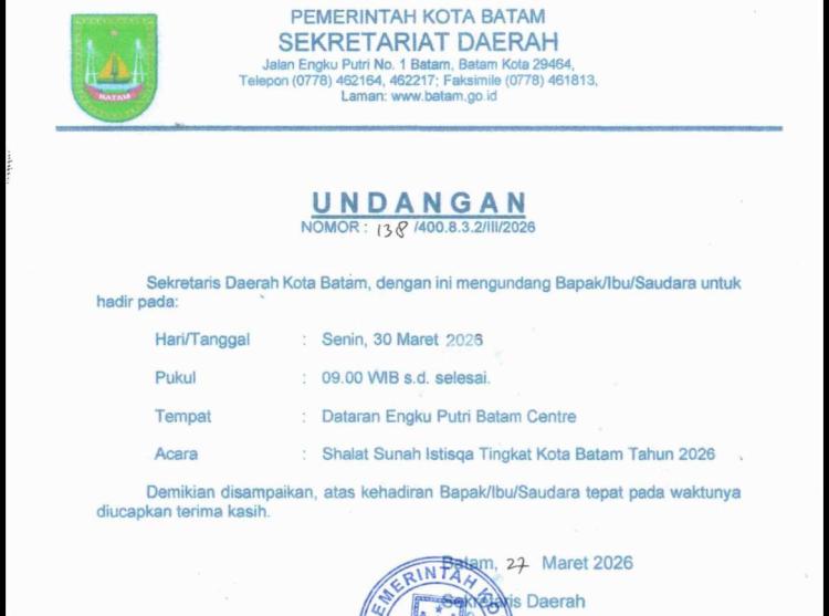 Besok, Pemko Batam Ajak Warga Shalat Istisqa di Alun-Alun, Antisipasi Kemarau Panjang