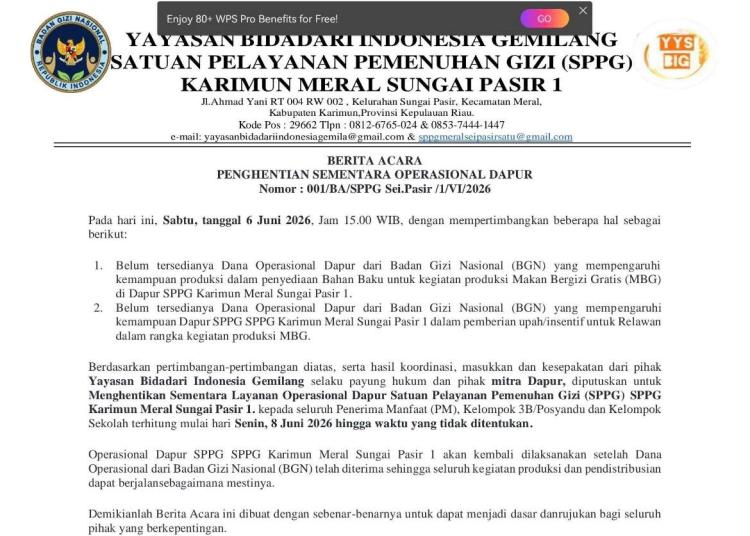 Program Makan Bergizi Gratis Kepri Dihentikan Sementara, Anggaran Badan Gizi Nasional Belum Cair