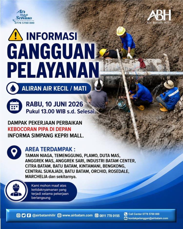 ABH Turunkan Tim Teknis Tangani Kebocoran Pipa Distribusi Utama di Simpang Kepri Mall Batam