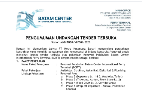 Tender Renovasi Pelabuhan Batam Center International Ferry Terminal Dibuka, Nilai Proyek Capai Rp27,8 Miliar