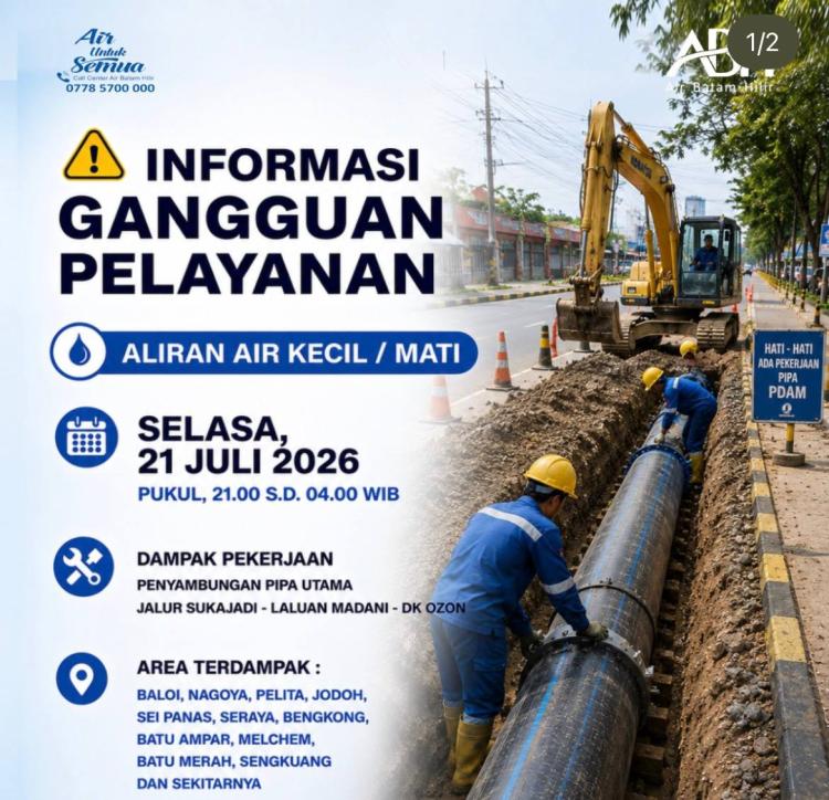 Air Batam Hilir Pastikan Pemulihan Suplai Air di Nagoya dan Sekitarnya Usai Perbaikan Pipa